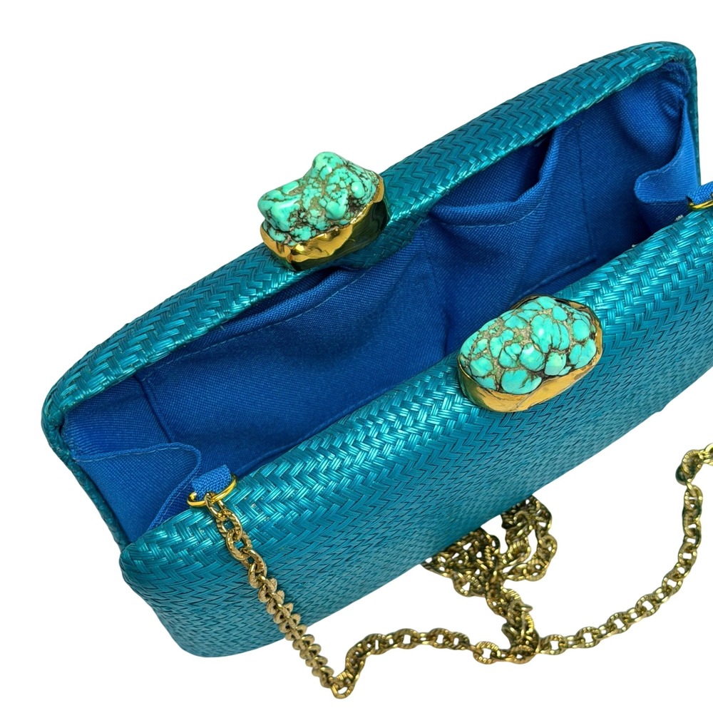 Woven Straw Clutch Bag Turquoise Stone Clasp Tixxi & Co Handmade Boho EUC - Picture 3 of 10